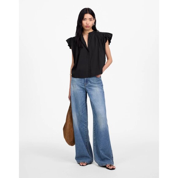 Madewell Poplin Shirred Button Up Shirt Womens XS Jet Black Blouse - Picture 12 of 16